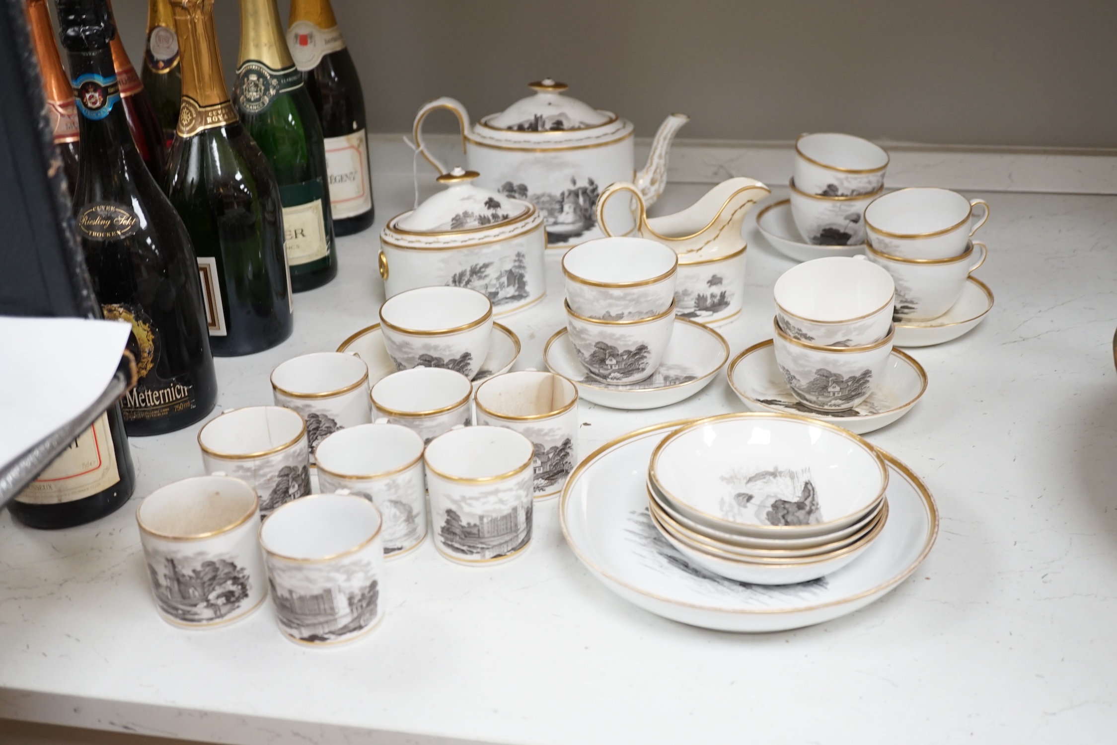 A Spode bat printed part tea / coffee set, c.1802, including pattern 557, largest 26cm wide. Condition - varies, poor to fair